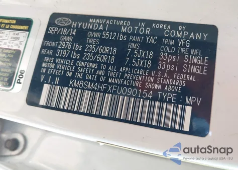 2015 Hyundai Santa Fe Gls z USA, uszkodzony, nr VIN KM8SM4HFXFU090154